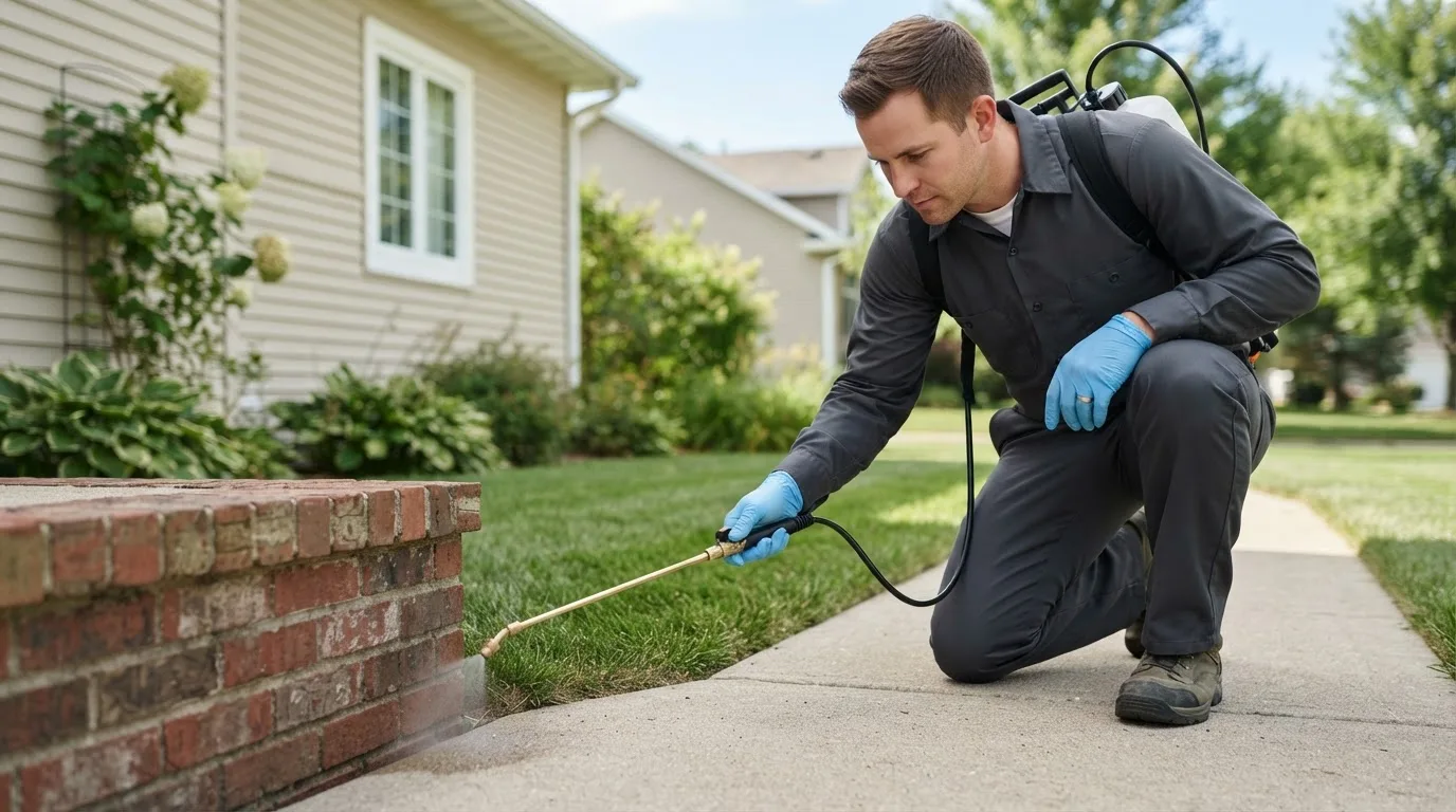 Pest control technician treating a home near Bridgeton, IN