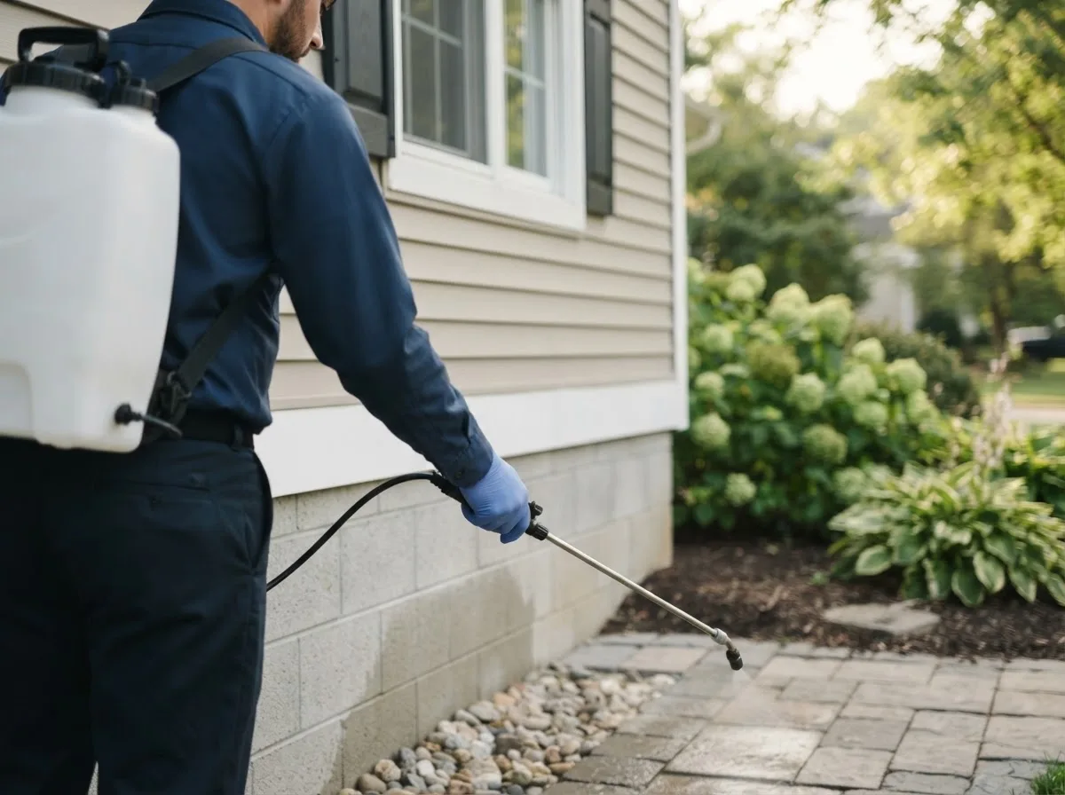Pest control technician inspecting a home in Bridgeton, IN